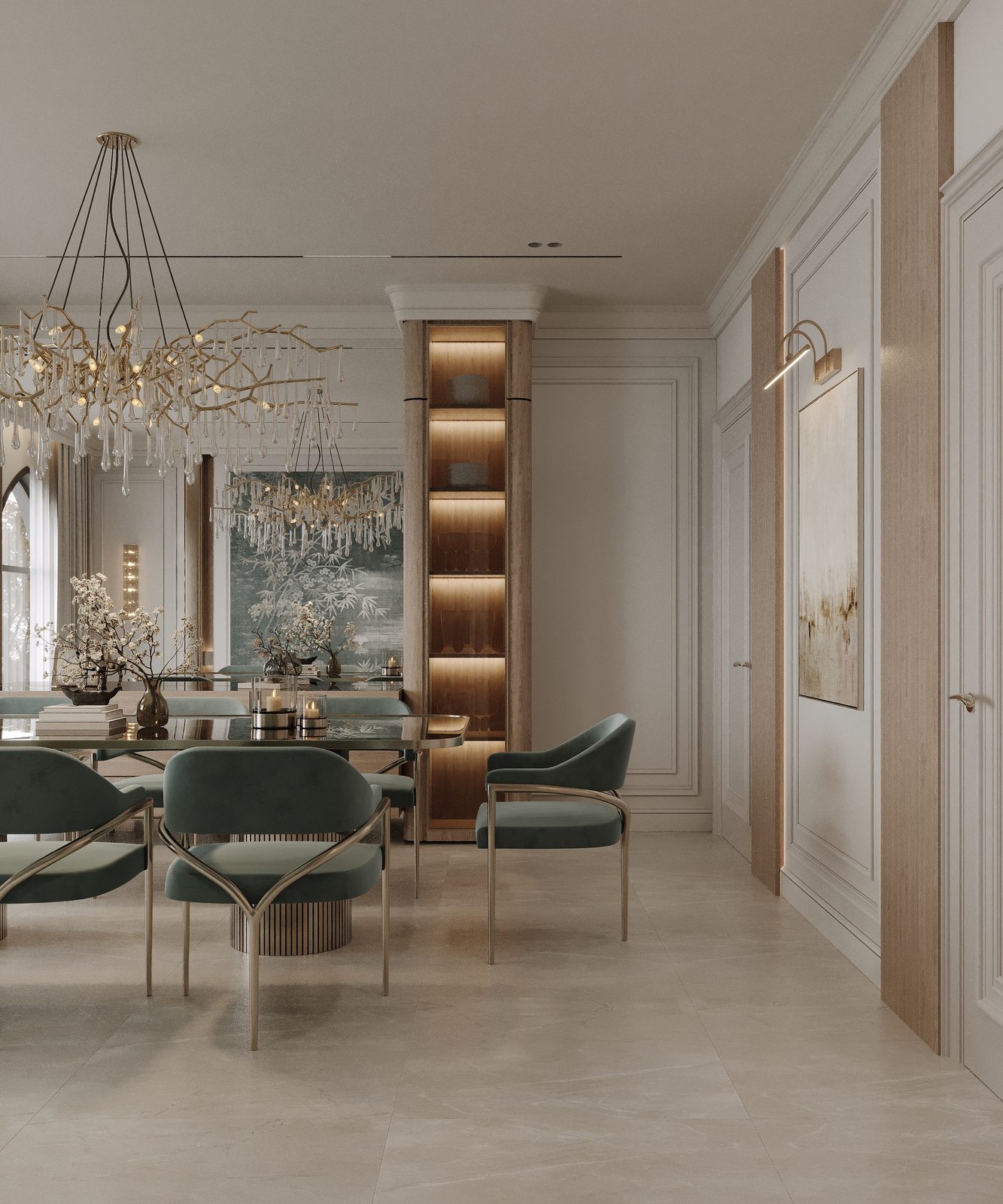 Dining area with a statement chandelier and arched window — luxury New Classic interior, Riyadh