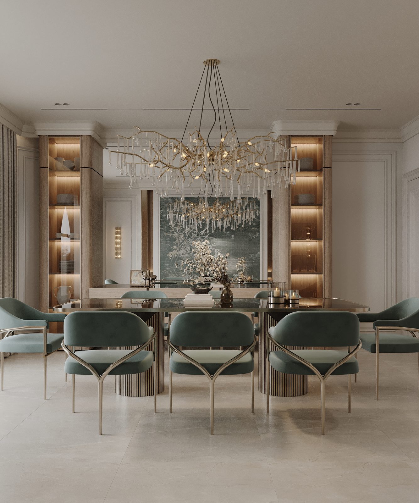 Formal dining room with a crystal chandelier, green velvet chairs and an art mural — New Classic villa, Riyadh