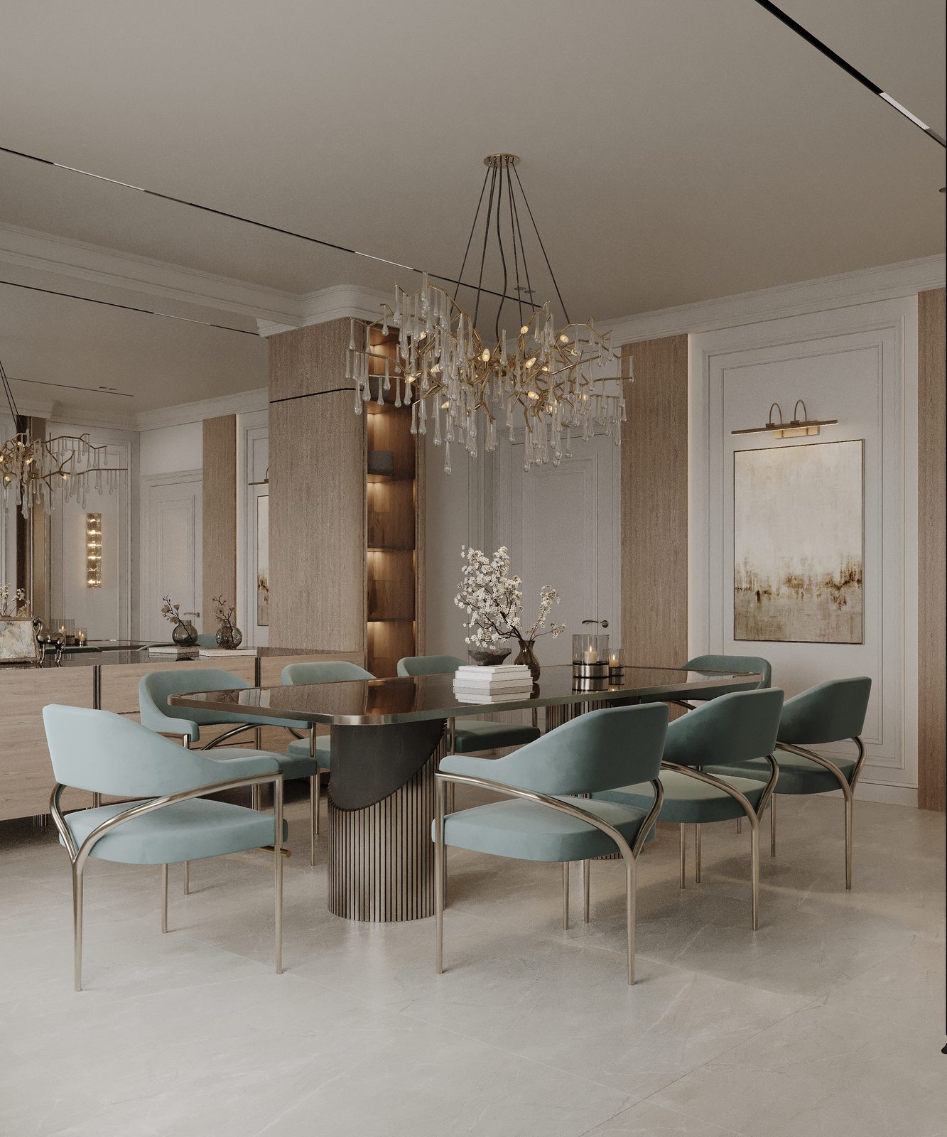 Elegant dining room with sage chairs and gold wall sconces — New Classic villa interior, Riyadh