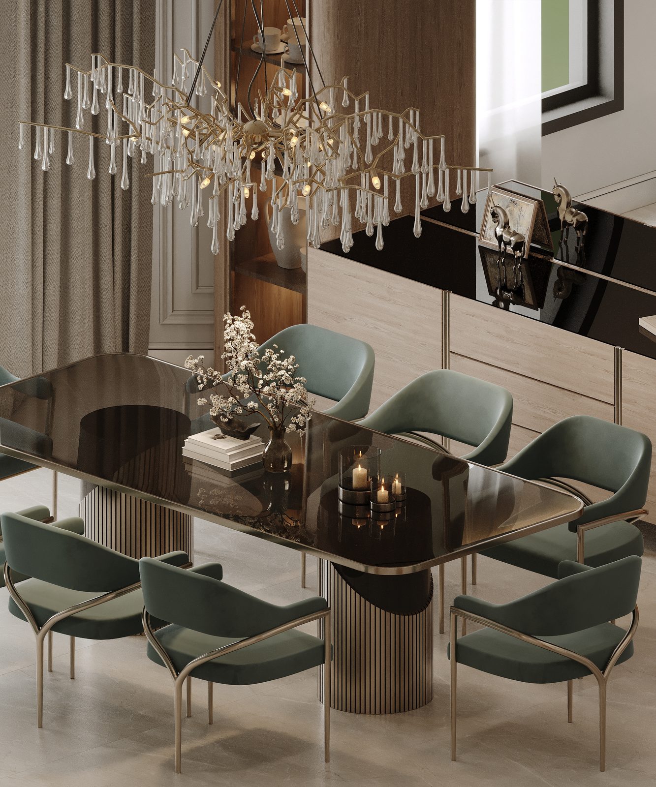 Round dining table with a brass base beneath a cascading crystal chandelier — Riyadh villa