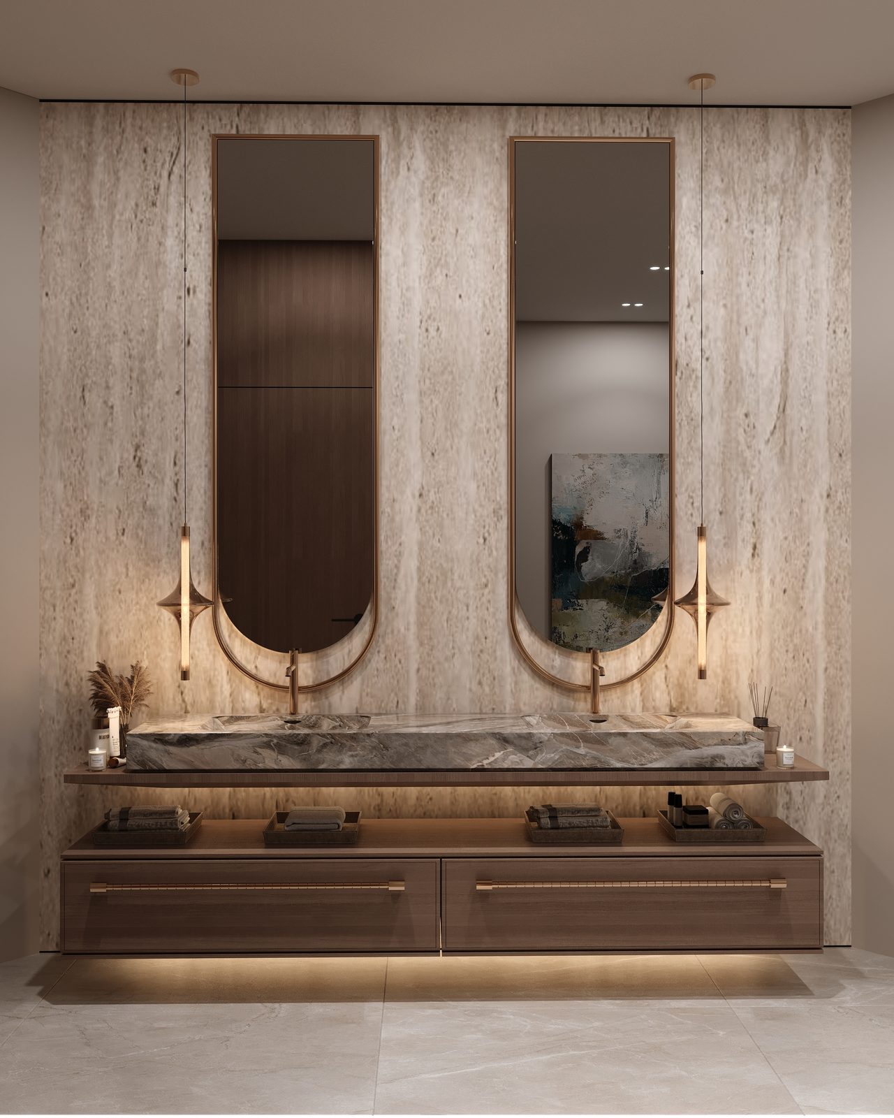 Entrance bathroom with twin arched mirrors, travertine walls and a walnut vanity — Riyadh villa