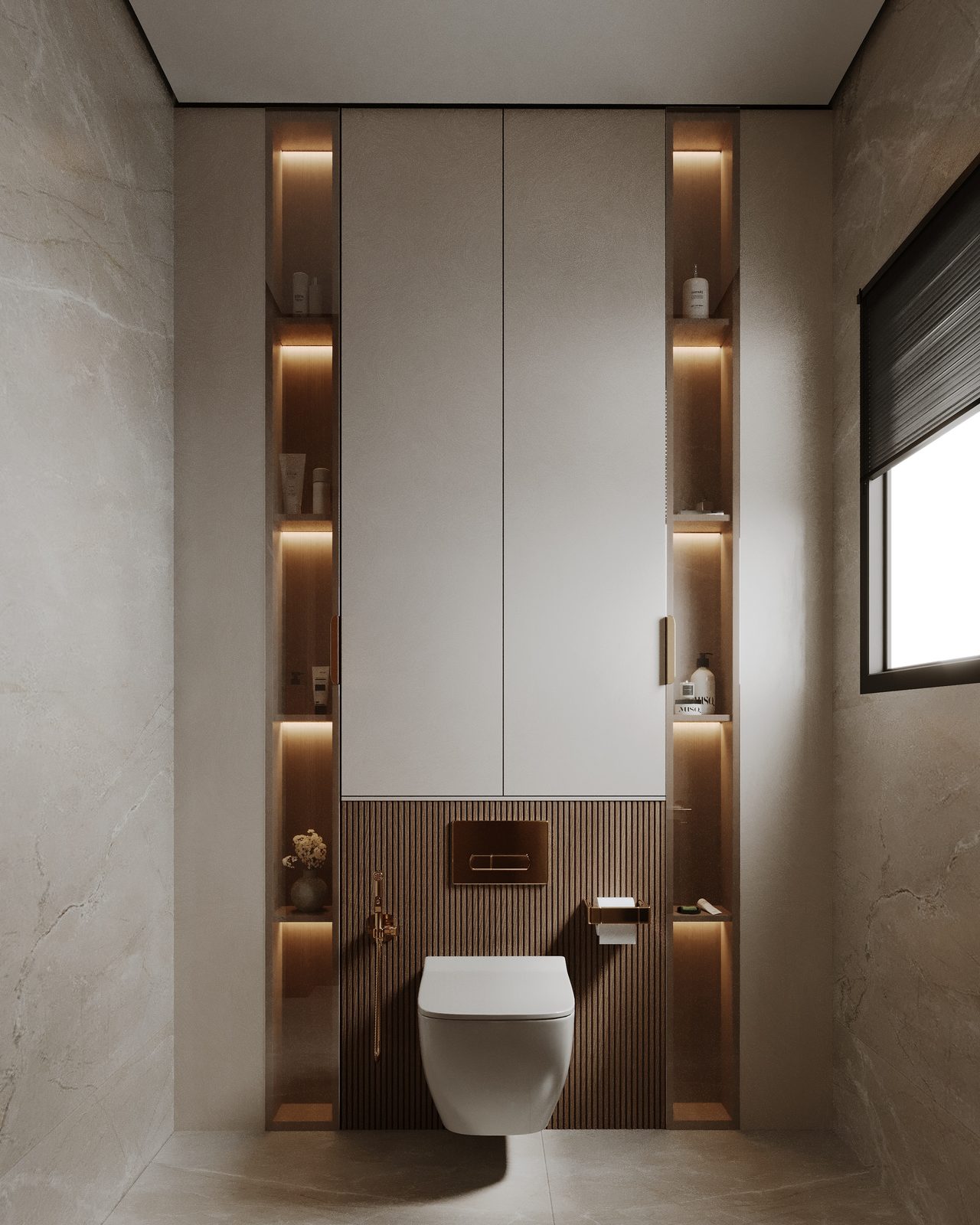 Entrance bathroom with a backlit stone niche and warm wood detailing — New Classic villa, Riyadh