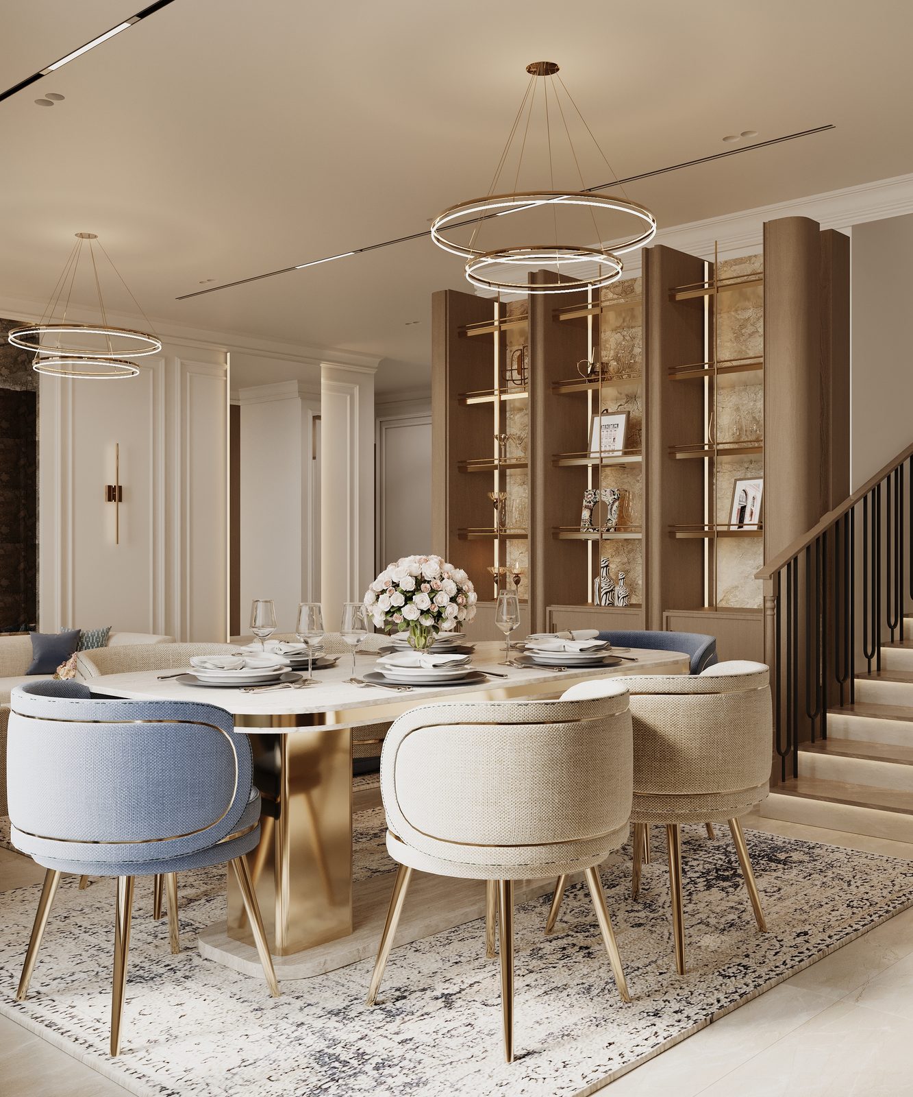 Family living room with navy boucle armchairs, cream sofas and a round chandelier — Riyadh villa