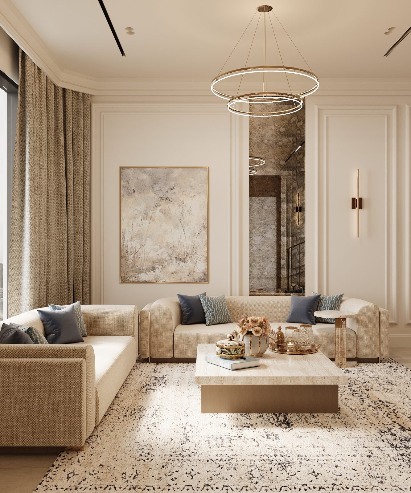 Open family living space with layered seating and a warm neutral palette — New Classic villa, Riyadh