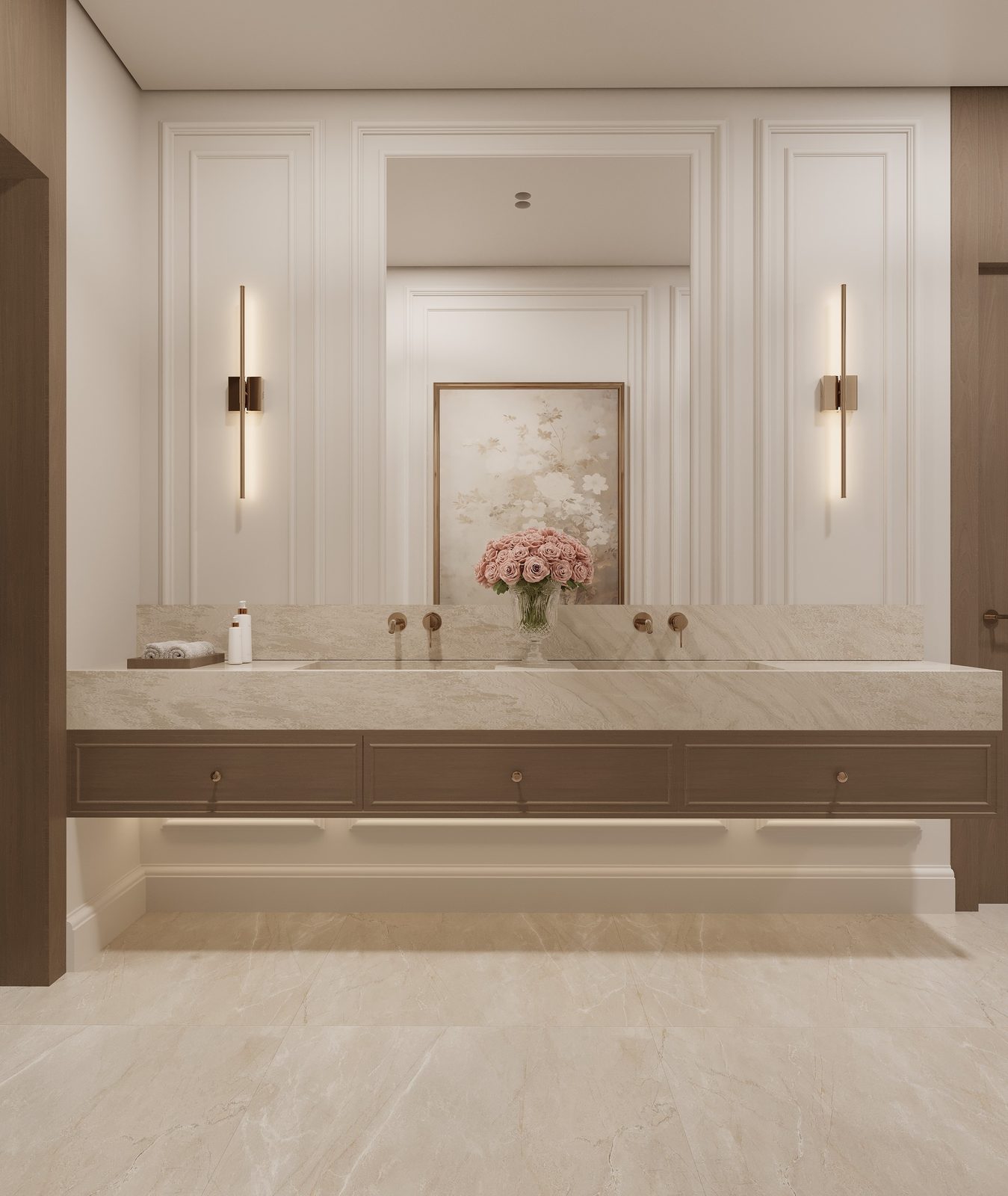 Stone guest bathroom with a floating vanity and sculptural wall sconces — New Classic villa, Riyadh