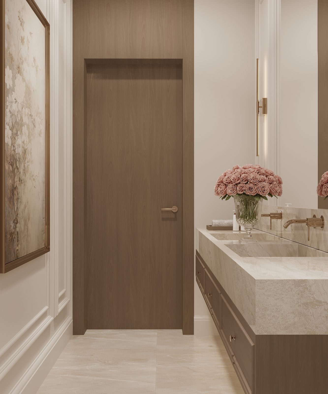 Guest powder room with a walnut vanity, backlit mirror and bronze fixtures — Riyadh villa