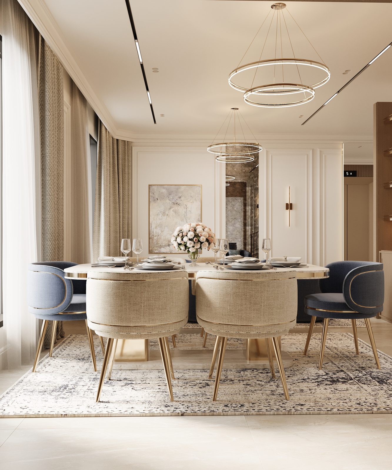 Living-to-dining transition with blue and cream seating — New Classic interior, Riyadh