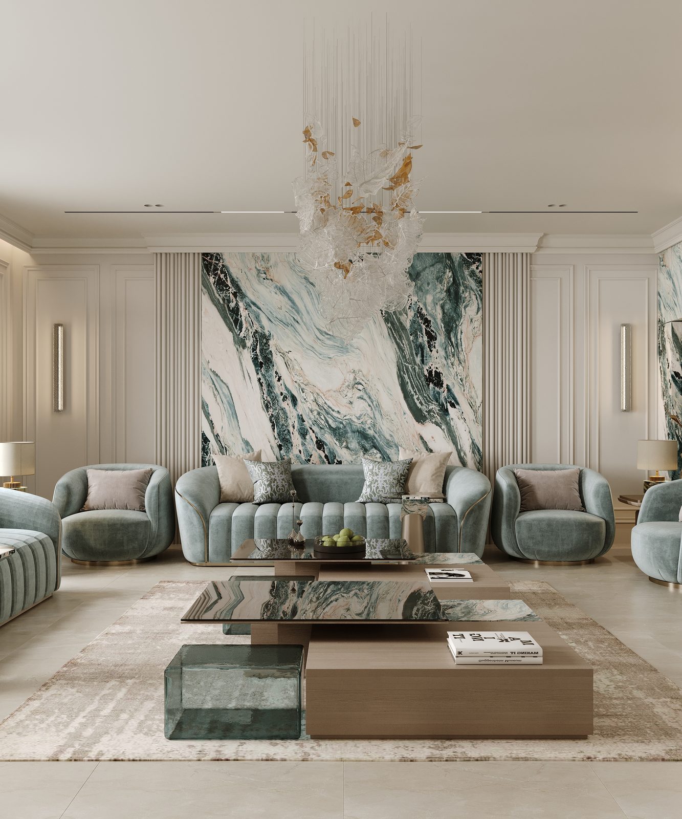 Men's majlis with arched windows and layered seating — New Classic interior, Riyadh