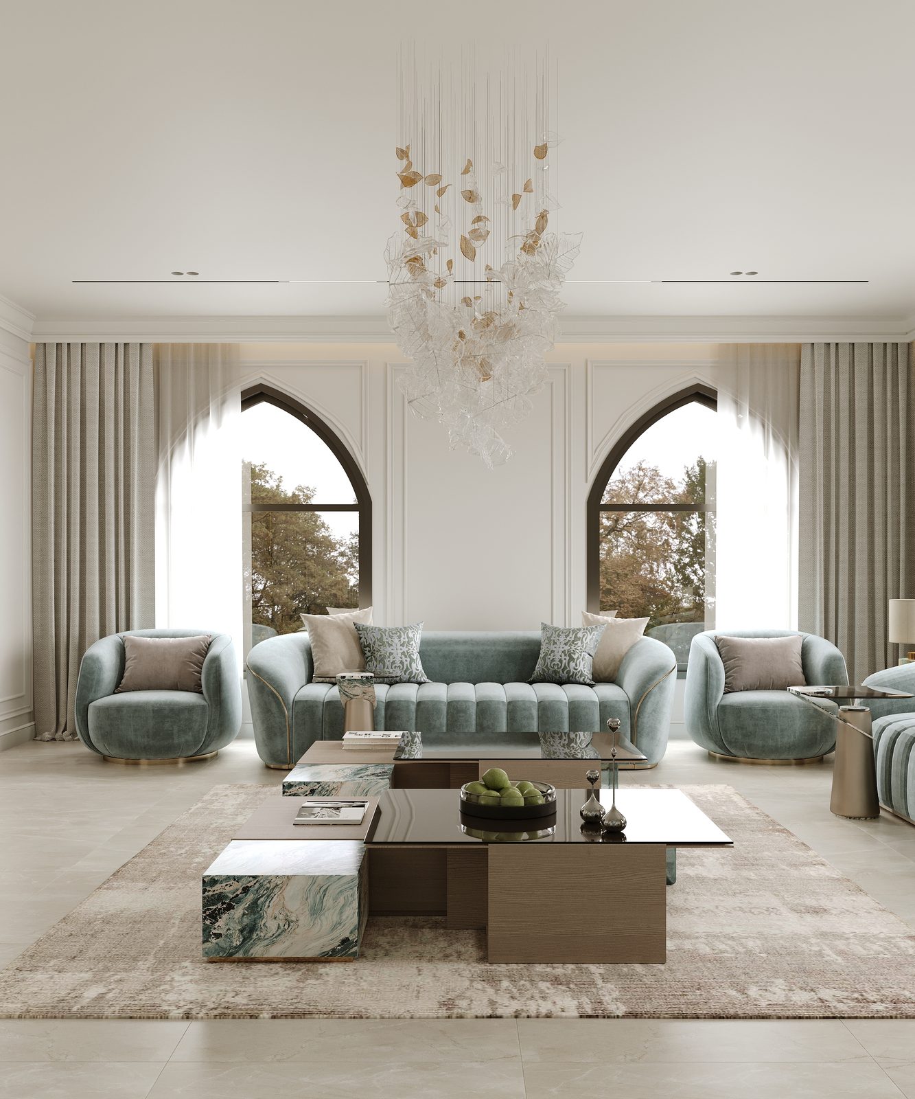 Sage velvet sofas against a book-matched green marble wall — luxury majlis, Riyadh villa