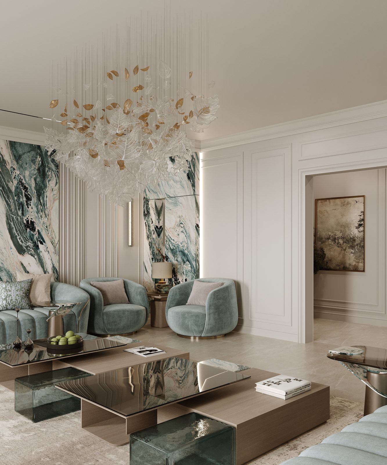 Men's majlis with tufted sofas, marble coffee tables and gold accents — luxury villa, Riyadh