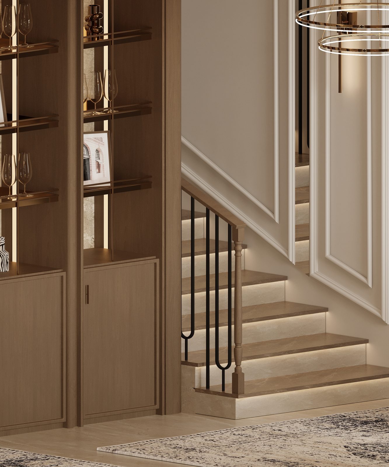 Sculptural staircase with a brass railing and stone steps — luxury villa, Riyadh