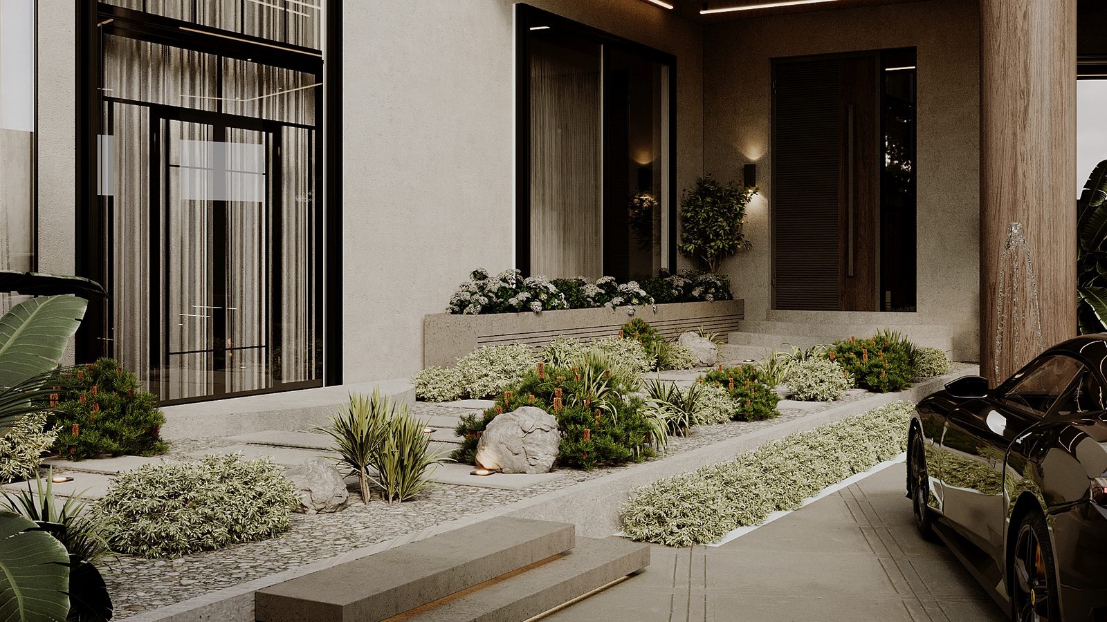 Villa entry courtyard with layered planting and stone steps — Al Shati landscape project, Dammam