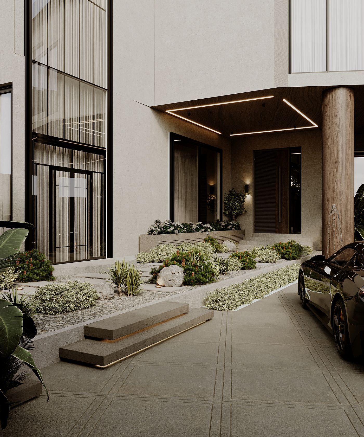 Arrival court with terraced planters and natural stone — Al Shati villa landscape