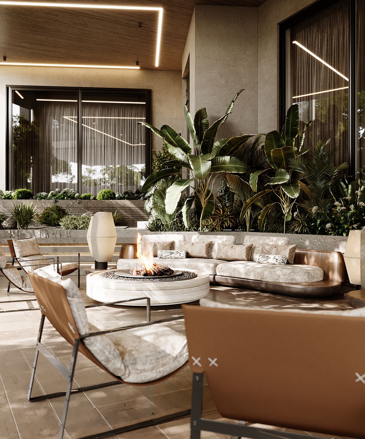 Outdoor lounge with layered lighting at dusk