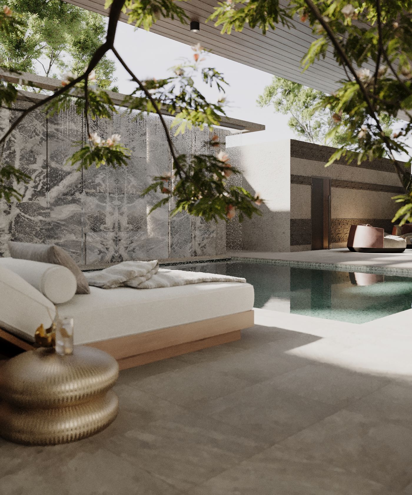 Poolside daybed beneath mature tree