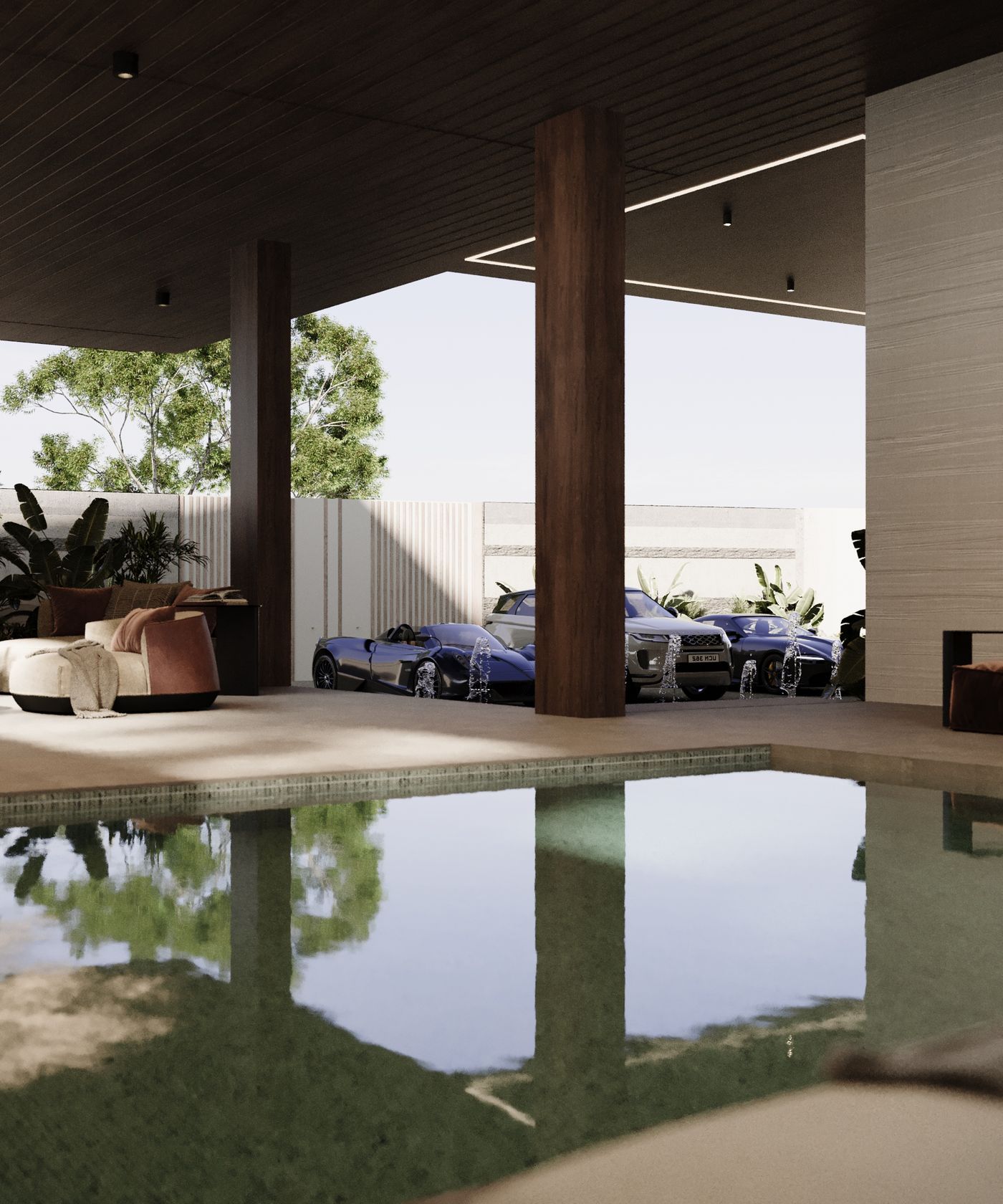 Covered pool terrace with reflections